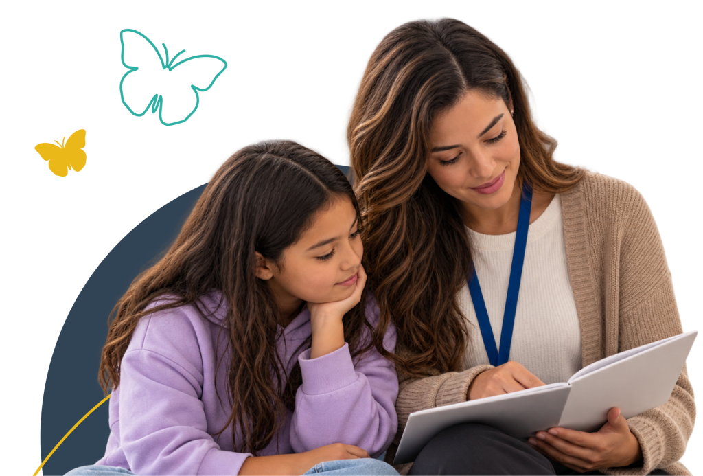Adult providing support to a child during a conversation.