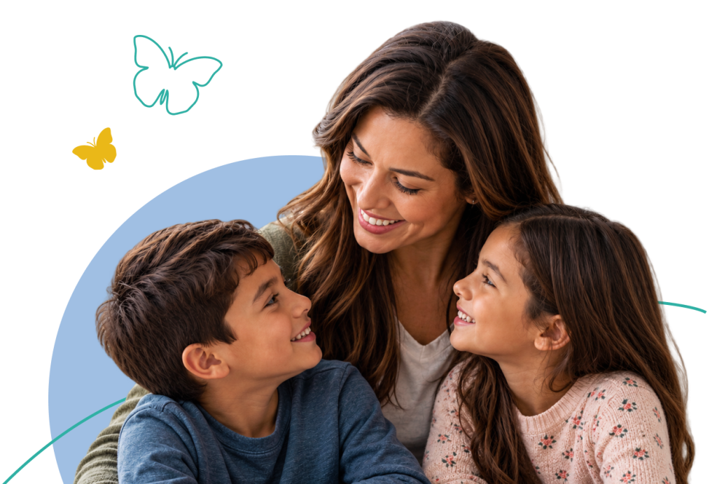 Mother embracing two children.