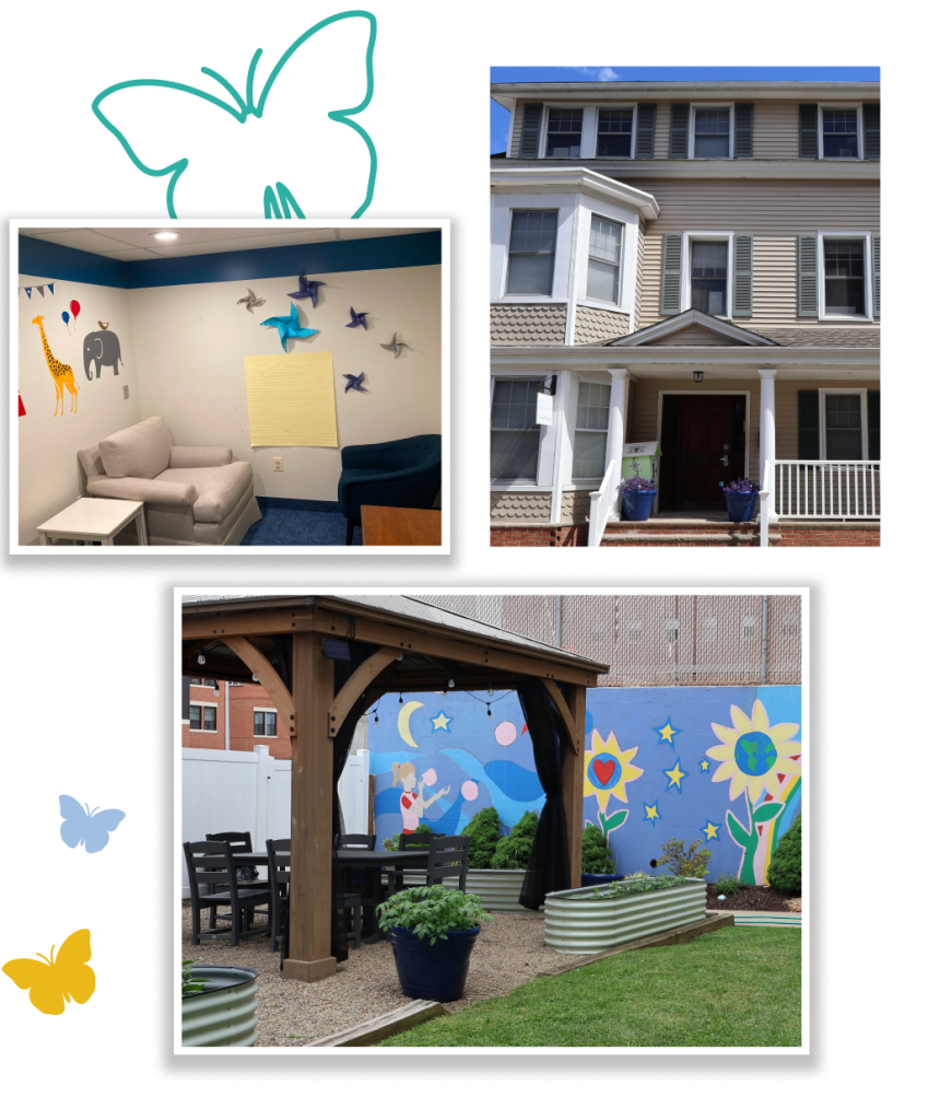 Collage of the Deirdre’s House exterior and child-friendly interior spaces.