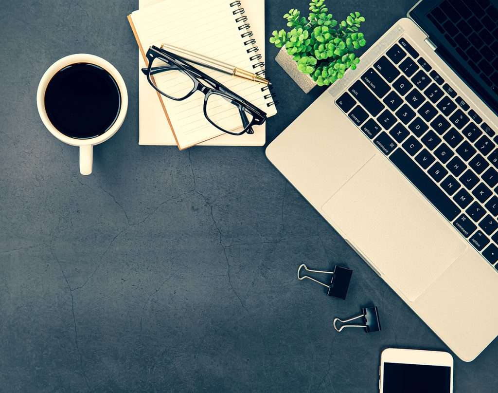Top view desk or top view table office desk flat lay background.