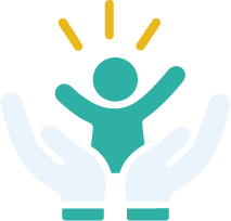 Illustration of a person with raised arms and rays of light